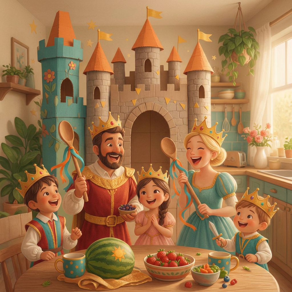 A family wearing crowns and holding wooden spoons beside a castle in their kitchen.